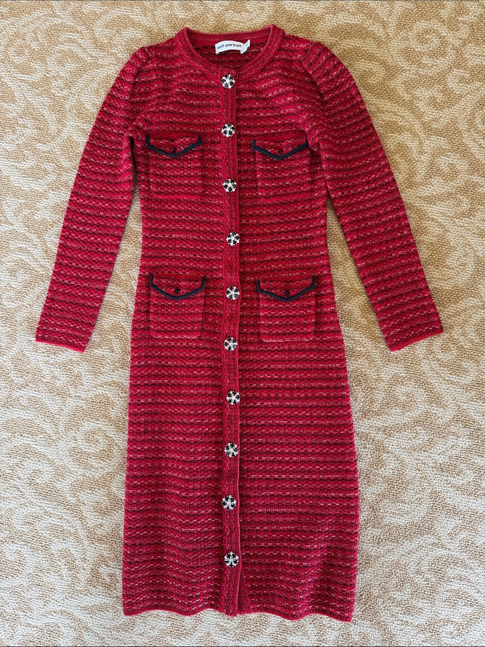 Self Portrait Red With Rhinestone Buttons Sweater Dress (Size Medium)